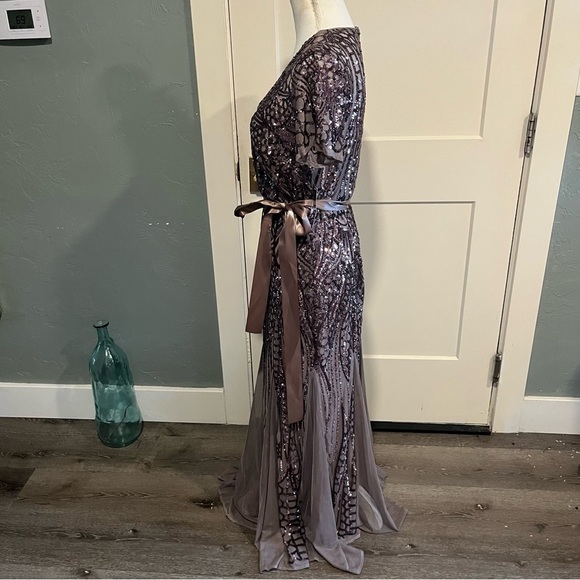 R&M Richards Mocha Short Sleeve Sequin and Mesh Gown 8 - Picture 4 of 16